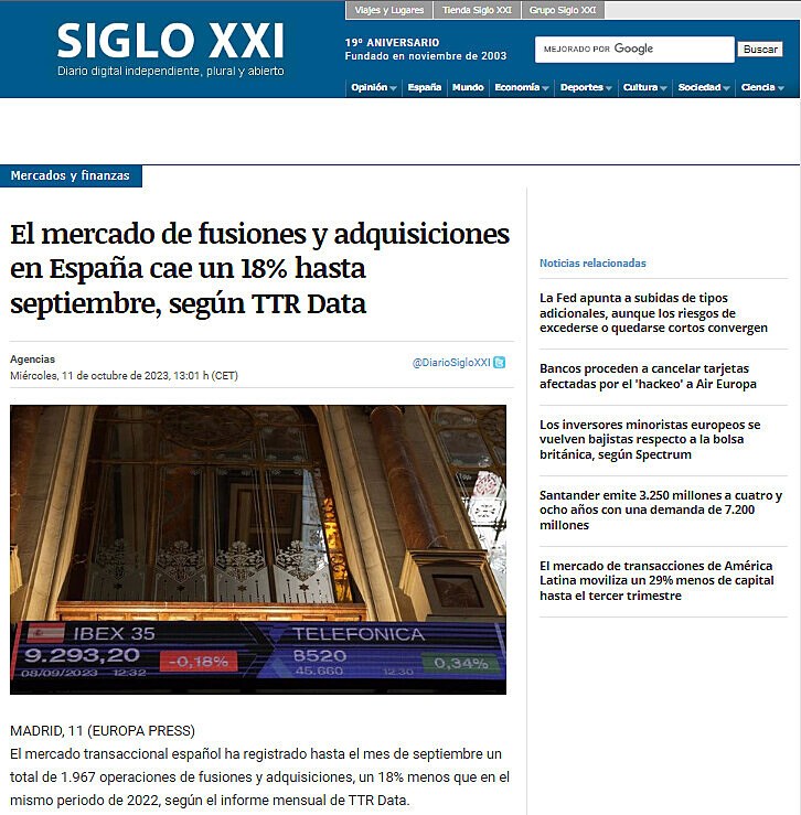 El mercado de fusiones y adquisiciones en Espaa cae un 18% hasta septiembre, segn TTR Data
